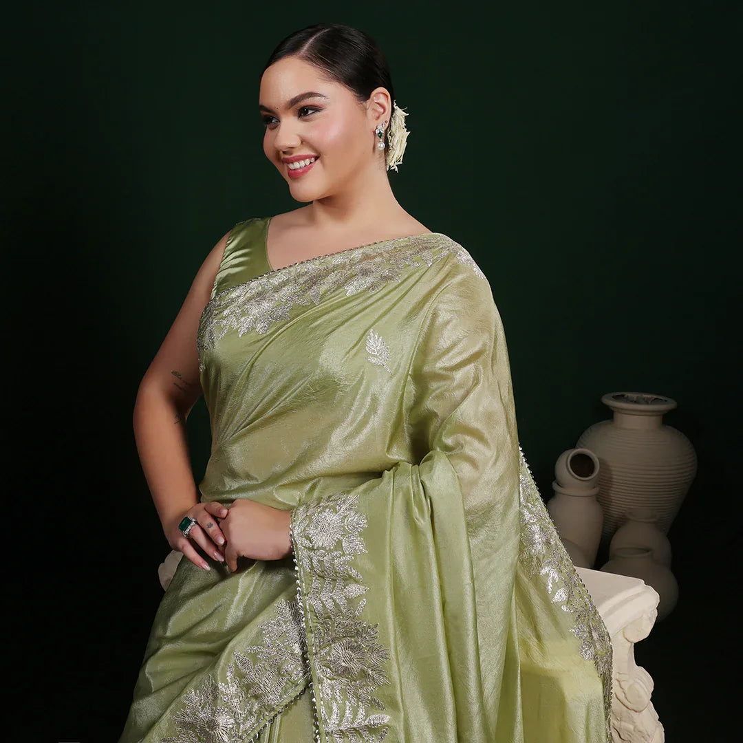 Green Gotta Crepe Saree With Unstitched Blouse