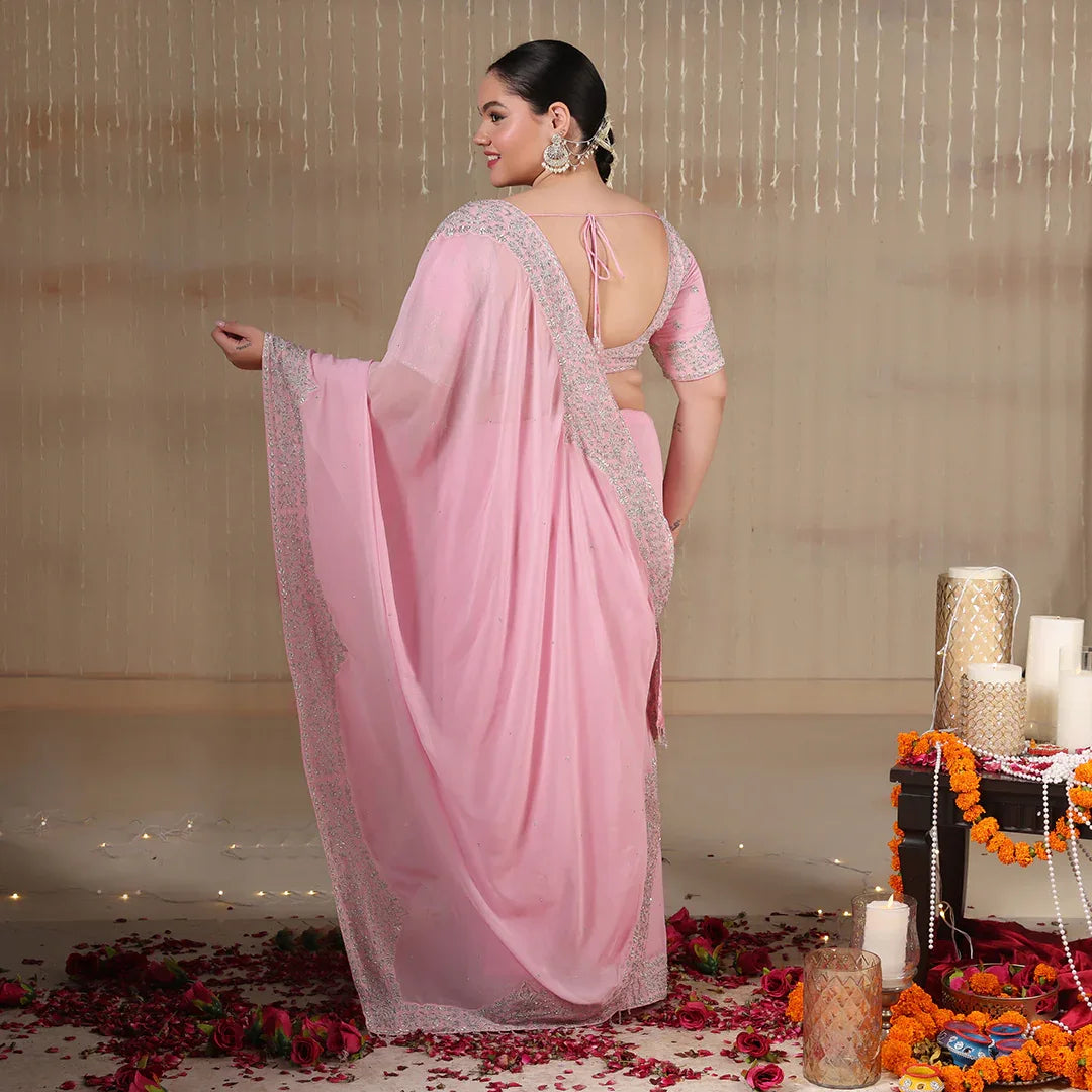 Pink Zari Embroidered Georgette Saree With Blouse