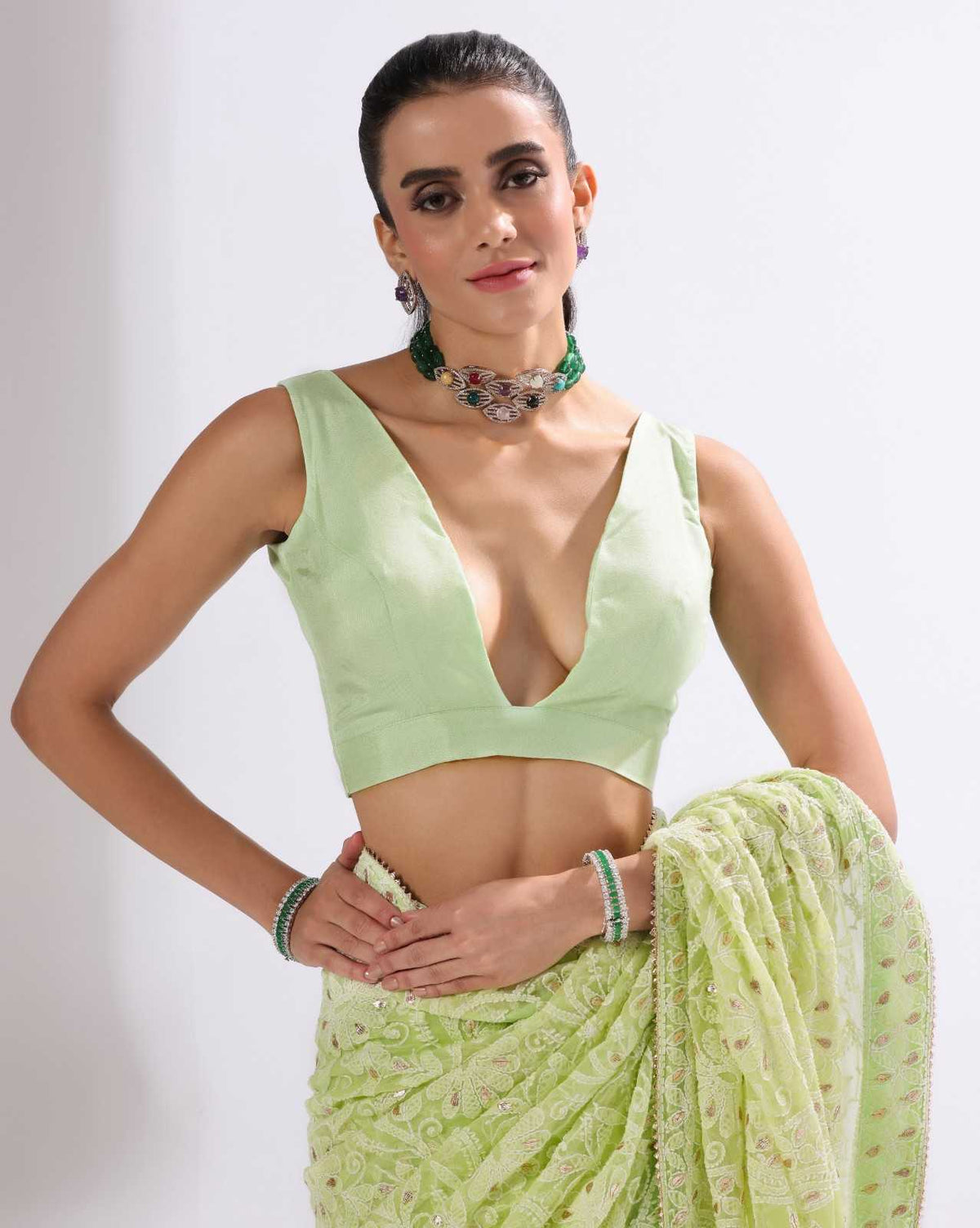 Green Georgette Chikankari Saree