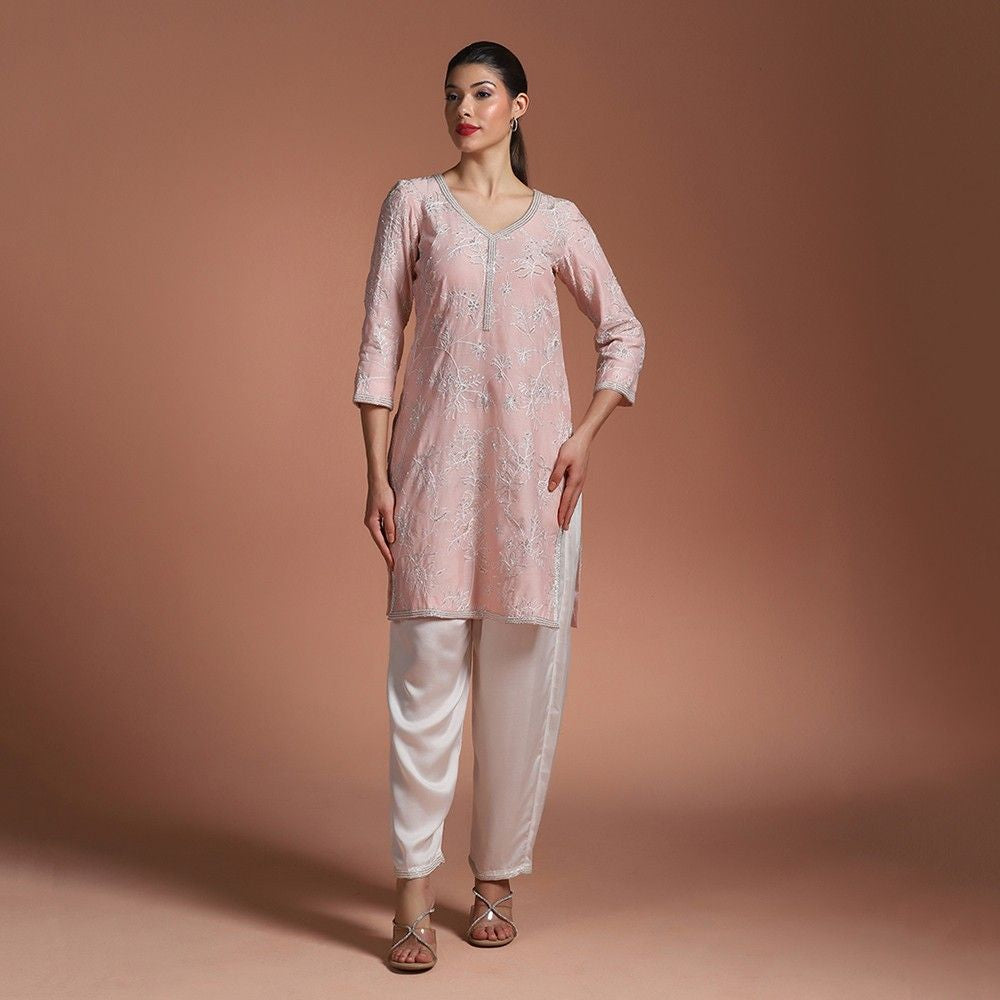 Elegant Pink Aari Work Kurta Set With Thread Embroidery & Hand Highlights