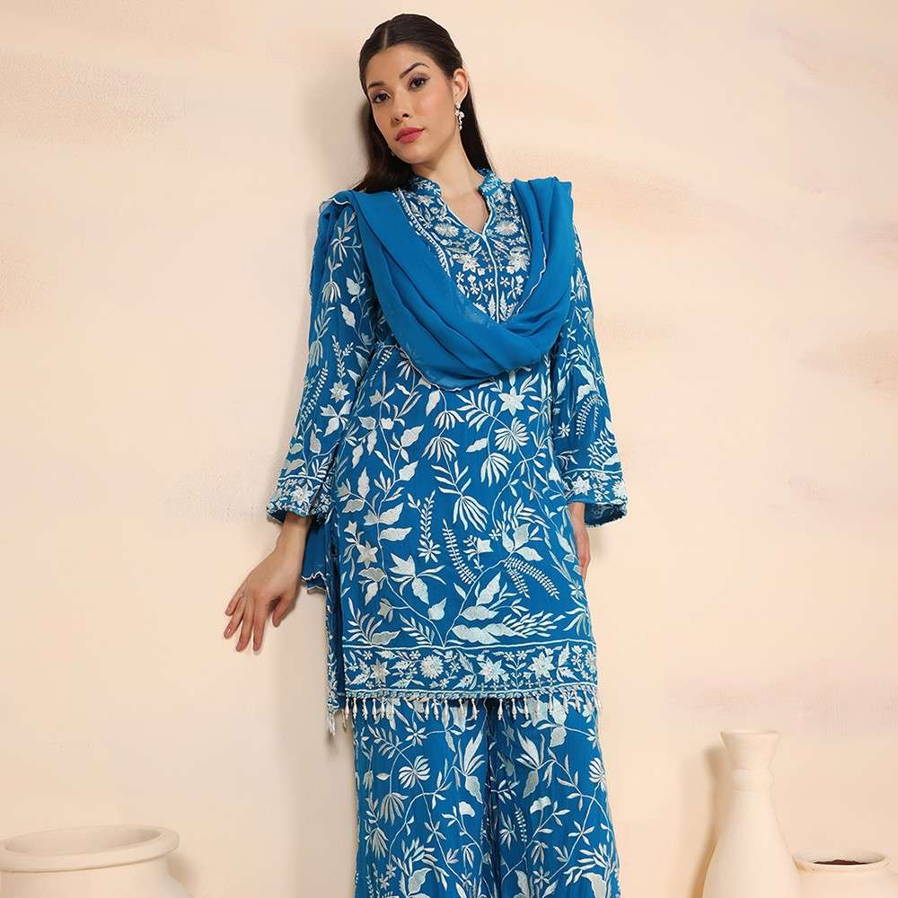 Blue georgette embroidered kurta set for women — RNG REZA
