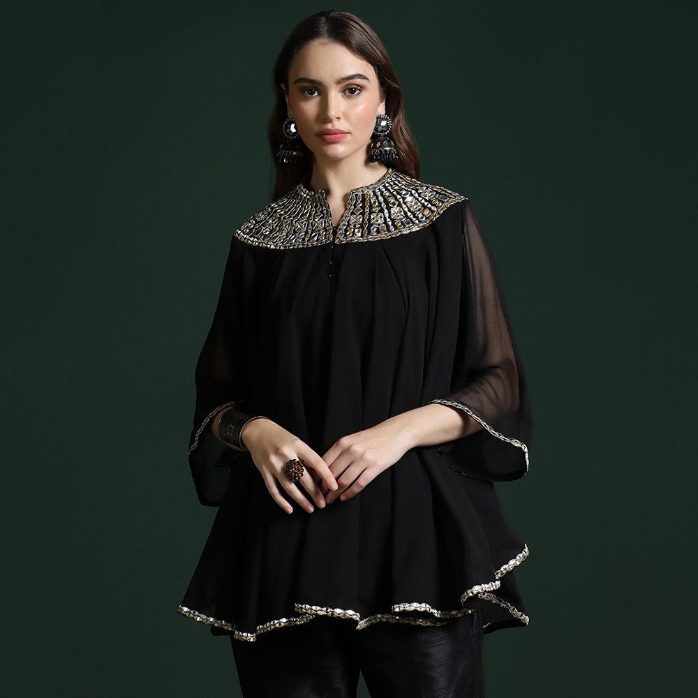 Classic Black Georgette Mirror Work Co-ord Set