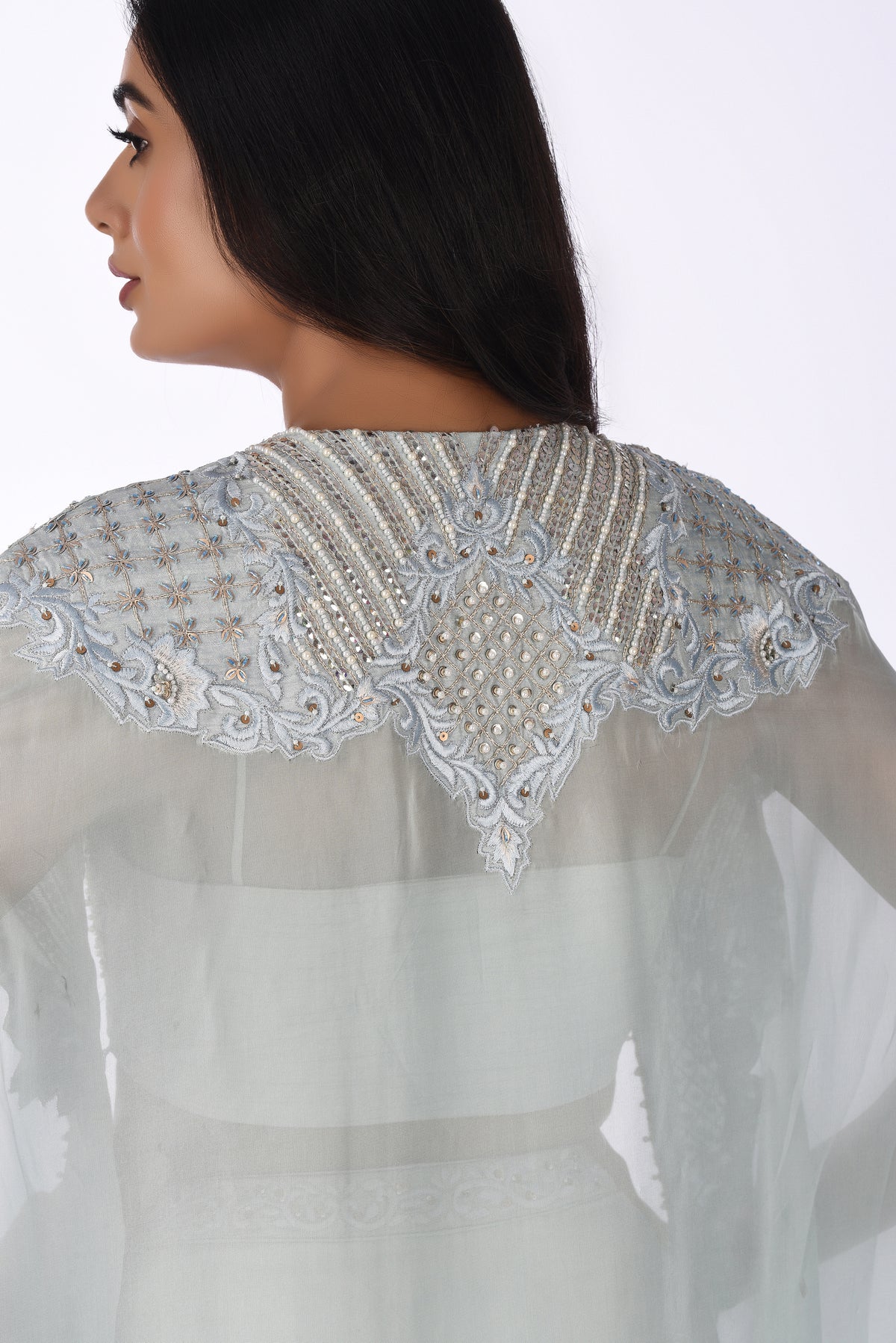 Blouse Jacket With Drape Skirt Grey Embroidered Blouse with Skirt & Cape