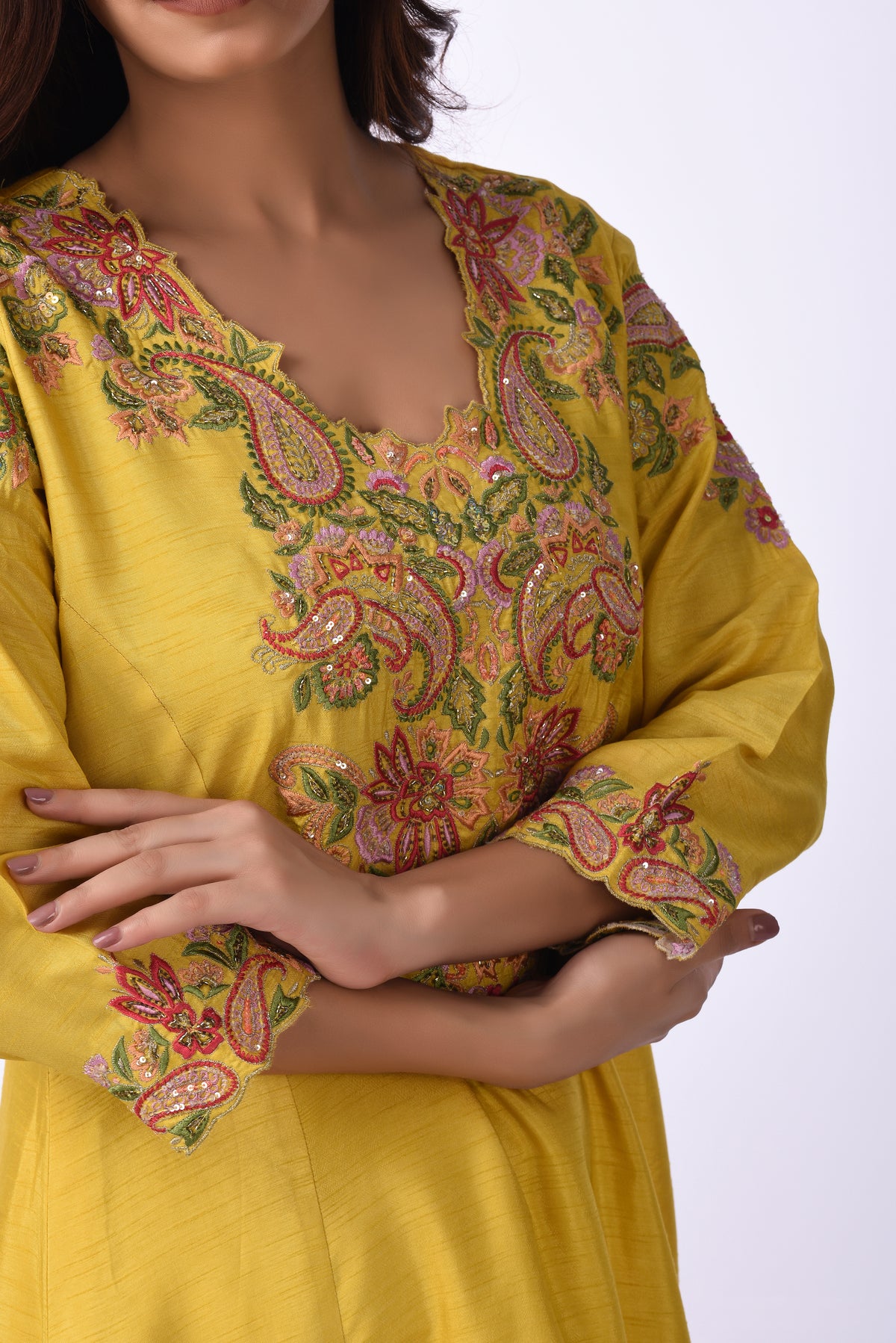 Kurti With Pants Vibrant Yellow Thread Embroidered Kurta Set