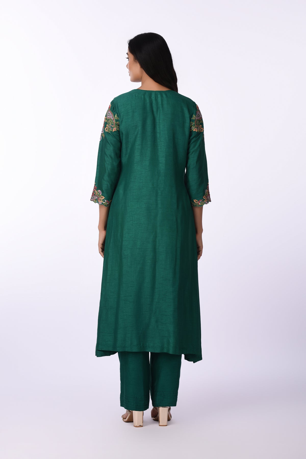 Kurti With Pants Set And Dupatta Emerald Green Silk Embroidered Kurta Set