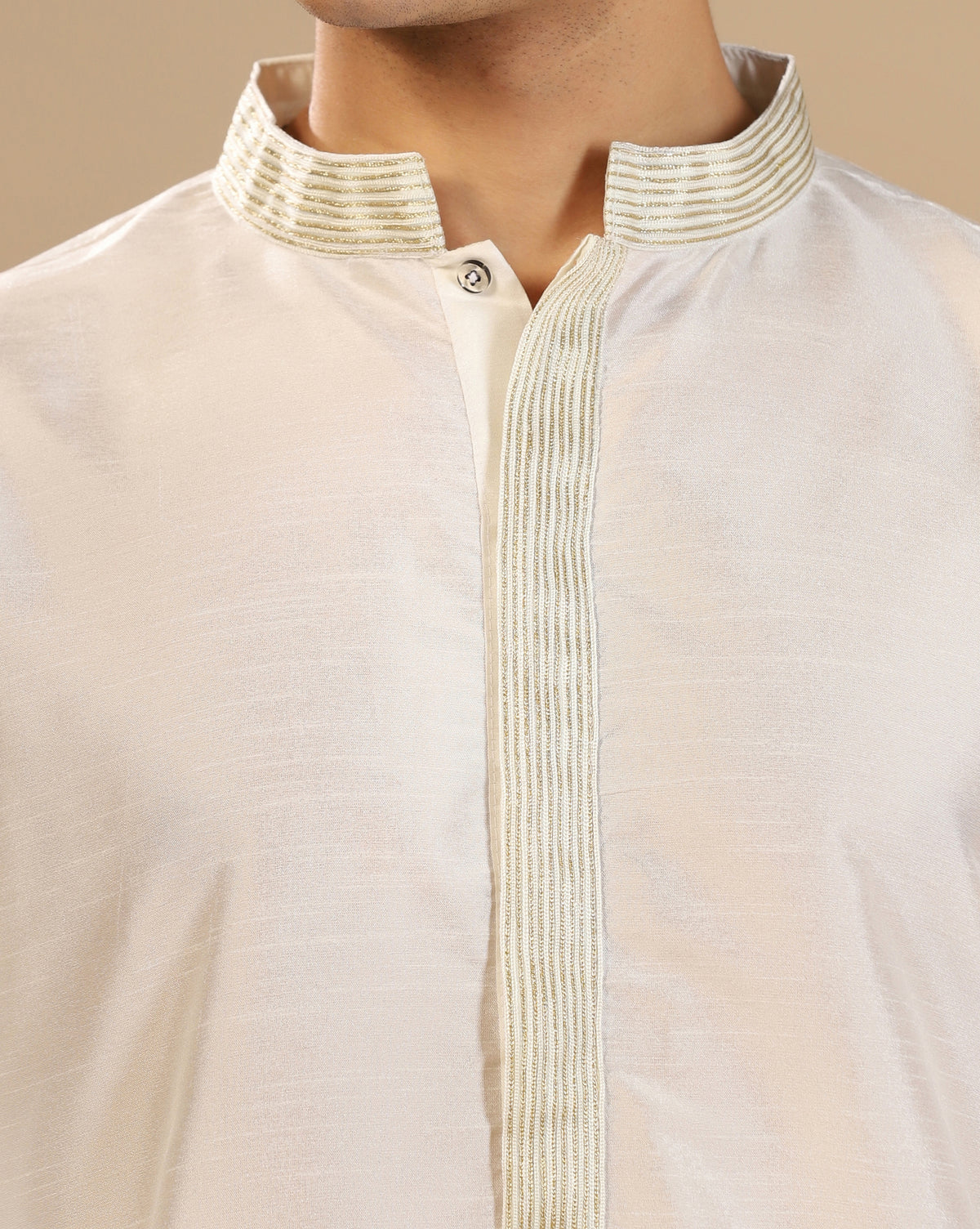 Men's White Dupion Silk Kurta Set with Subtle Embellished Placket