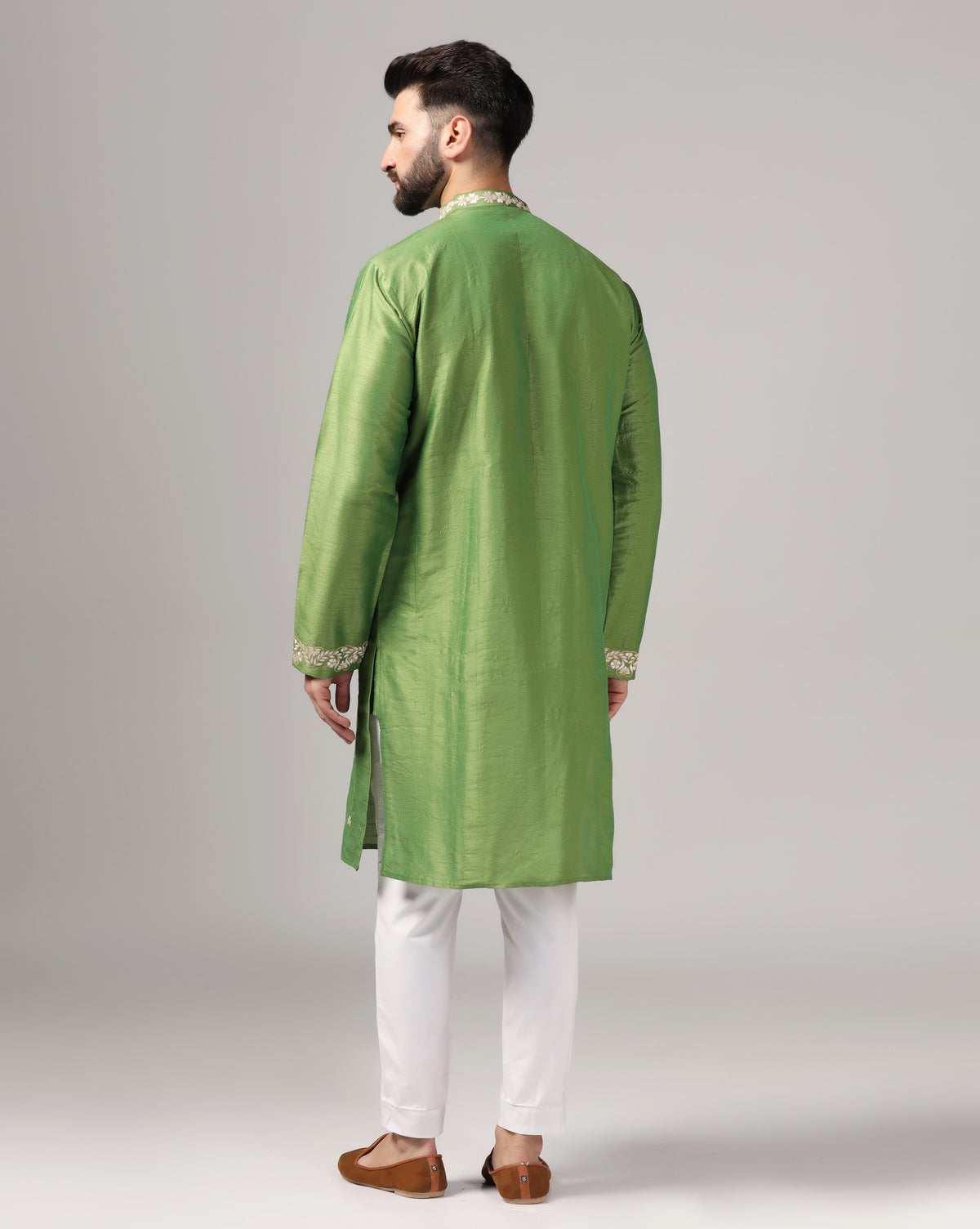 Festive Green Dupion Silk Embroidered Kurta Set
