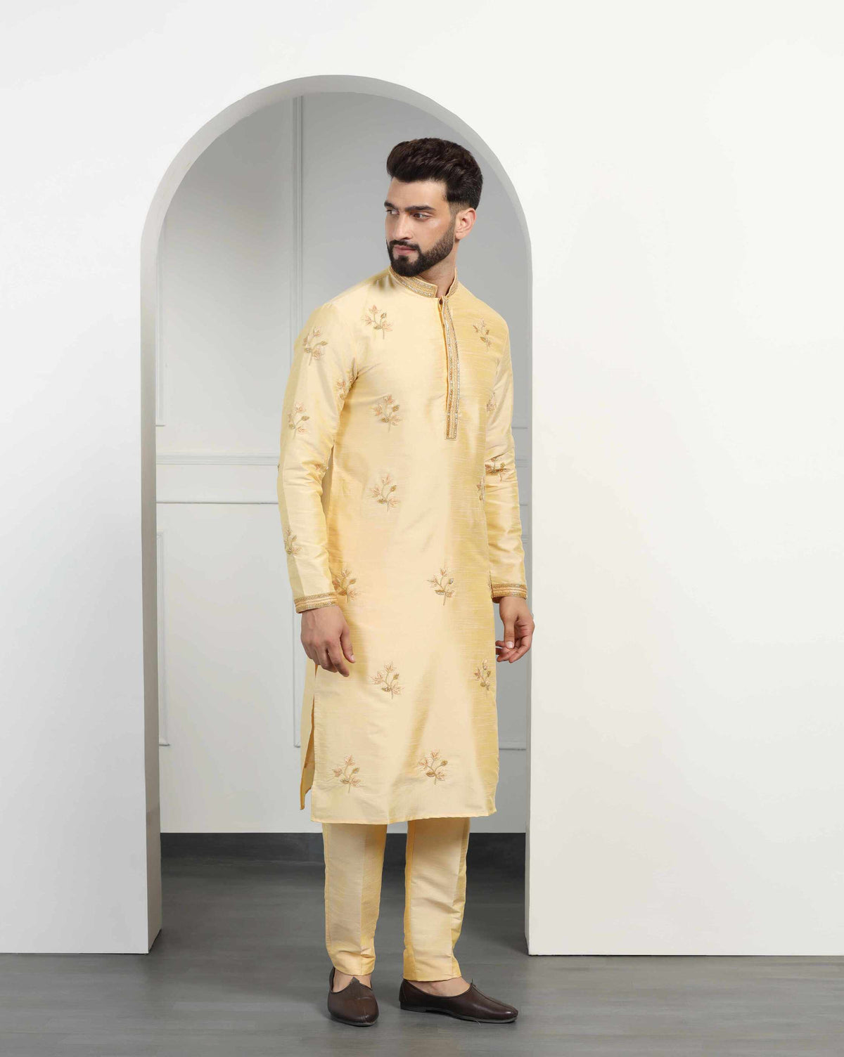 Classic Gold Dupion Silk Embroidered Kurta Set