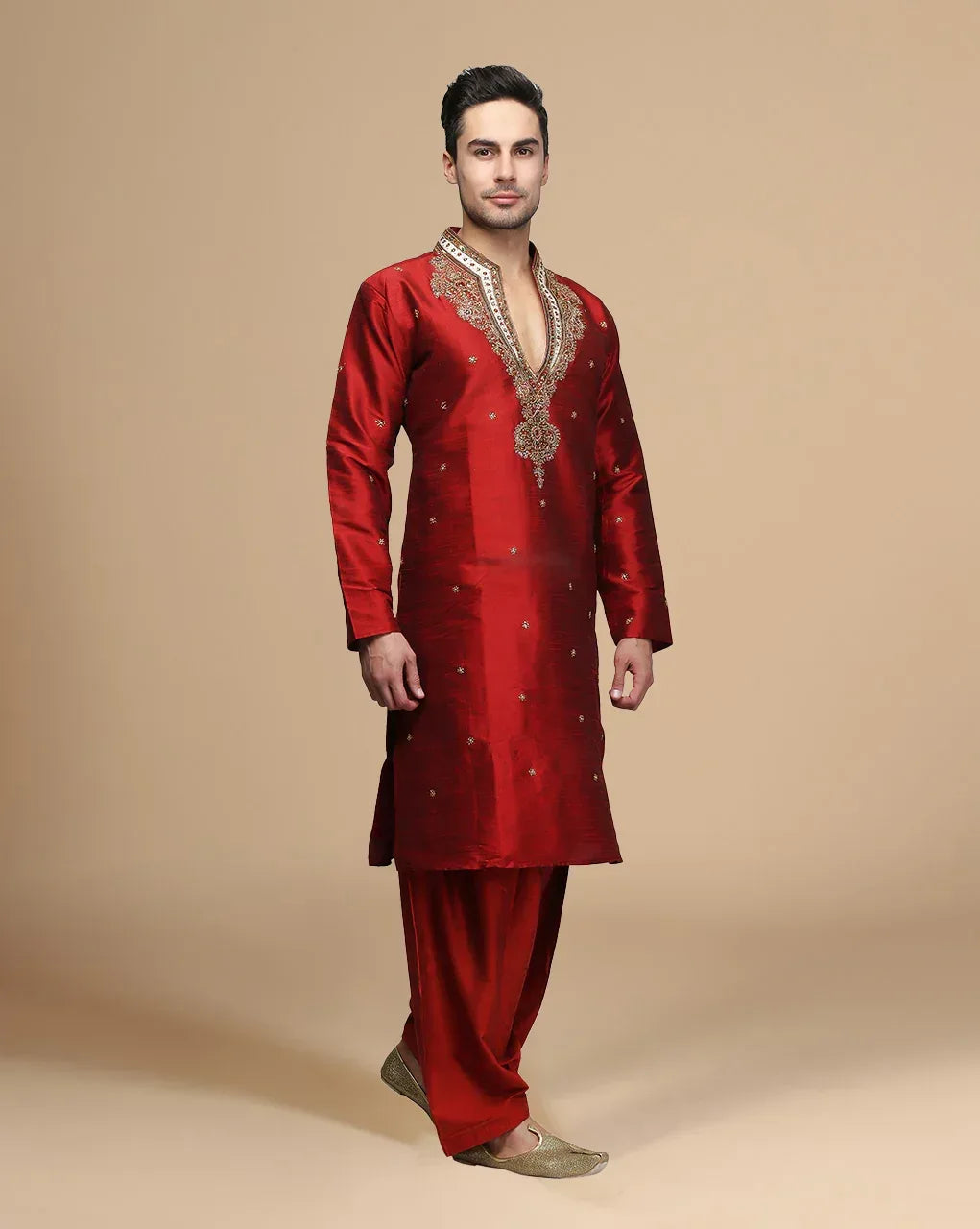 Men's Maroon Red Kurta Set.