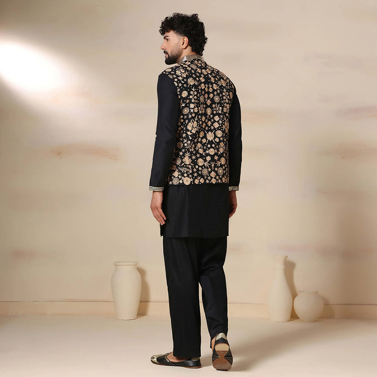 Classic Men's Bundi Jacket With Aari Work & Kurta Pants Set