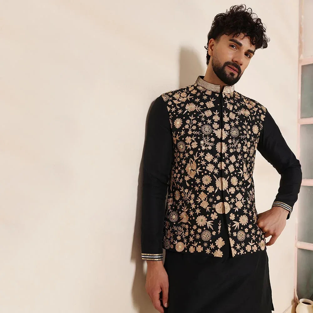 Black Embroidered Men's Nehru Jacket