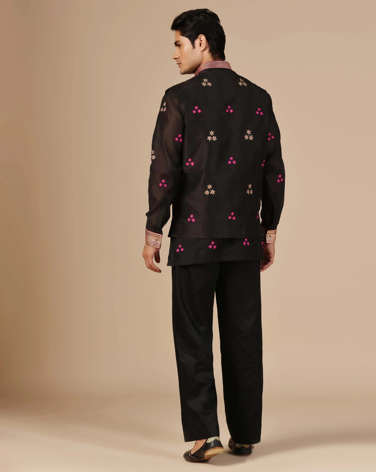 Traditional Black Chanderi Nehru Jacket With Short Kurta & Pants
