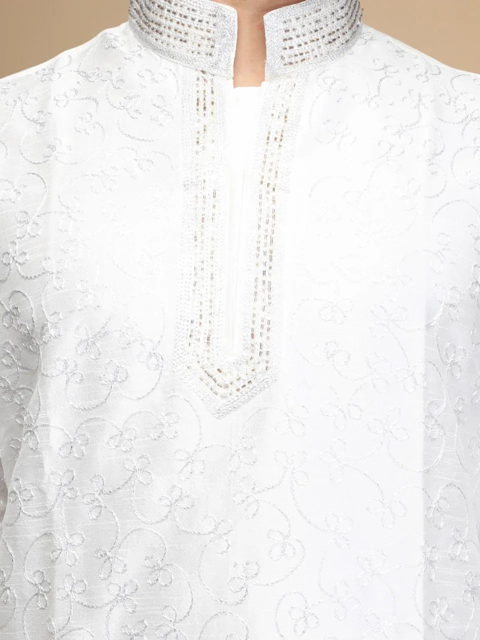 Elegant White Embroidered Men's Kurta Set