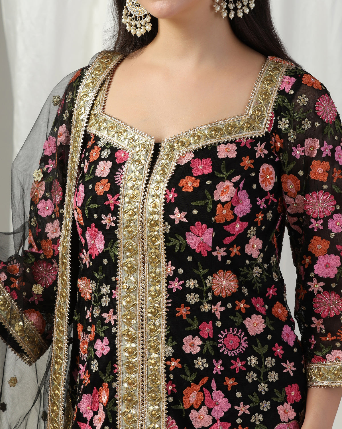 Multi Color Embroidered Kurta With Sharara & Dupatta
