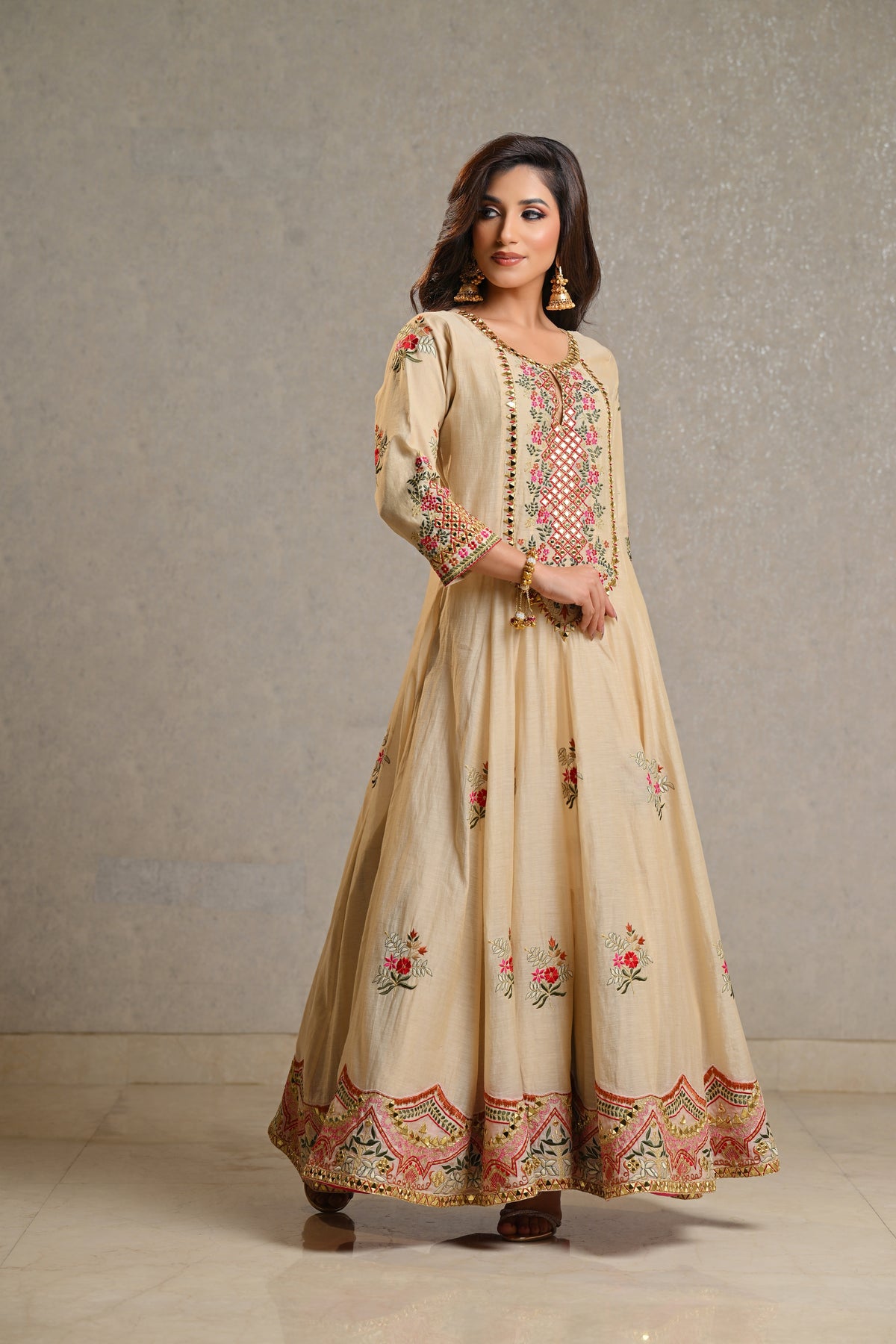 Elegant Ivory Beige Embroidered Anarkali Set