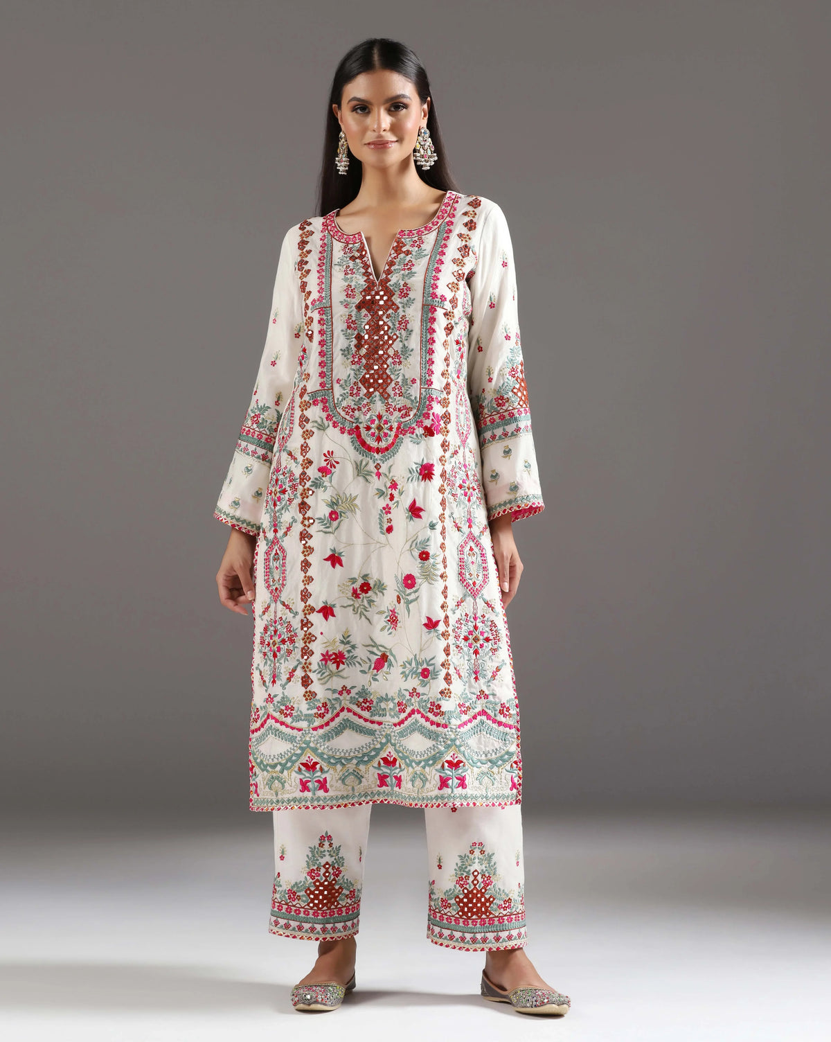 Ivory Glow, Chanderi Suit With Mirror & Thread Work