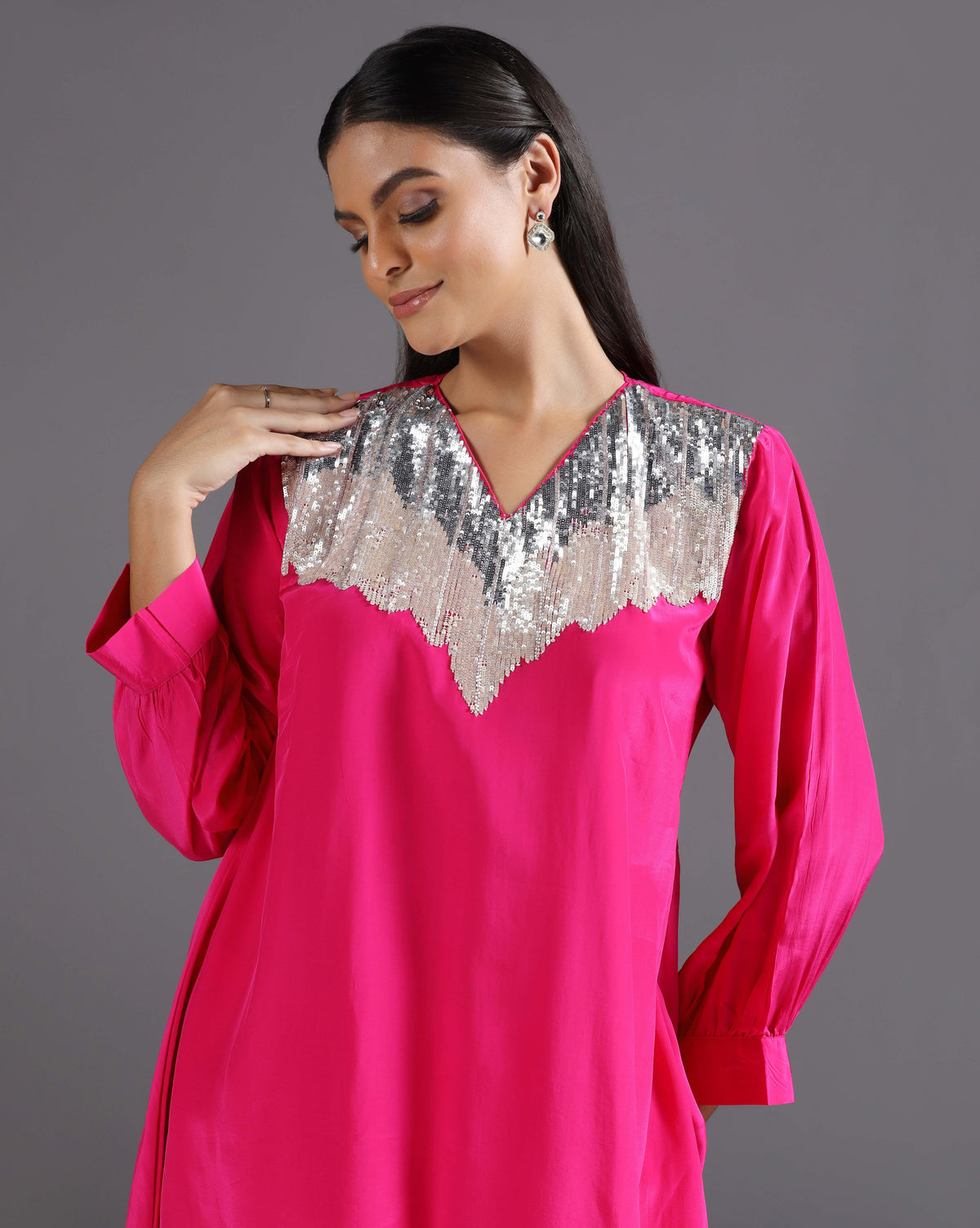 Fuchsia Crepe Sequins Embroidery Kurta Set