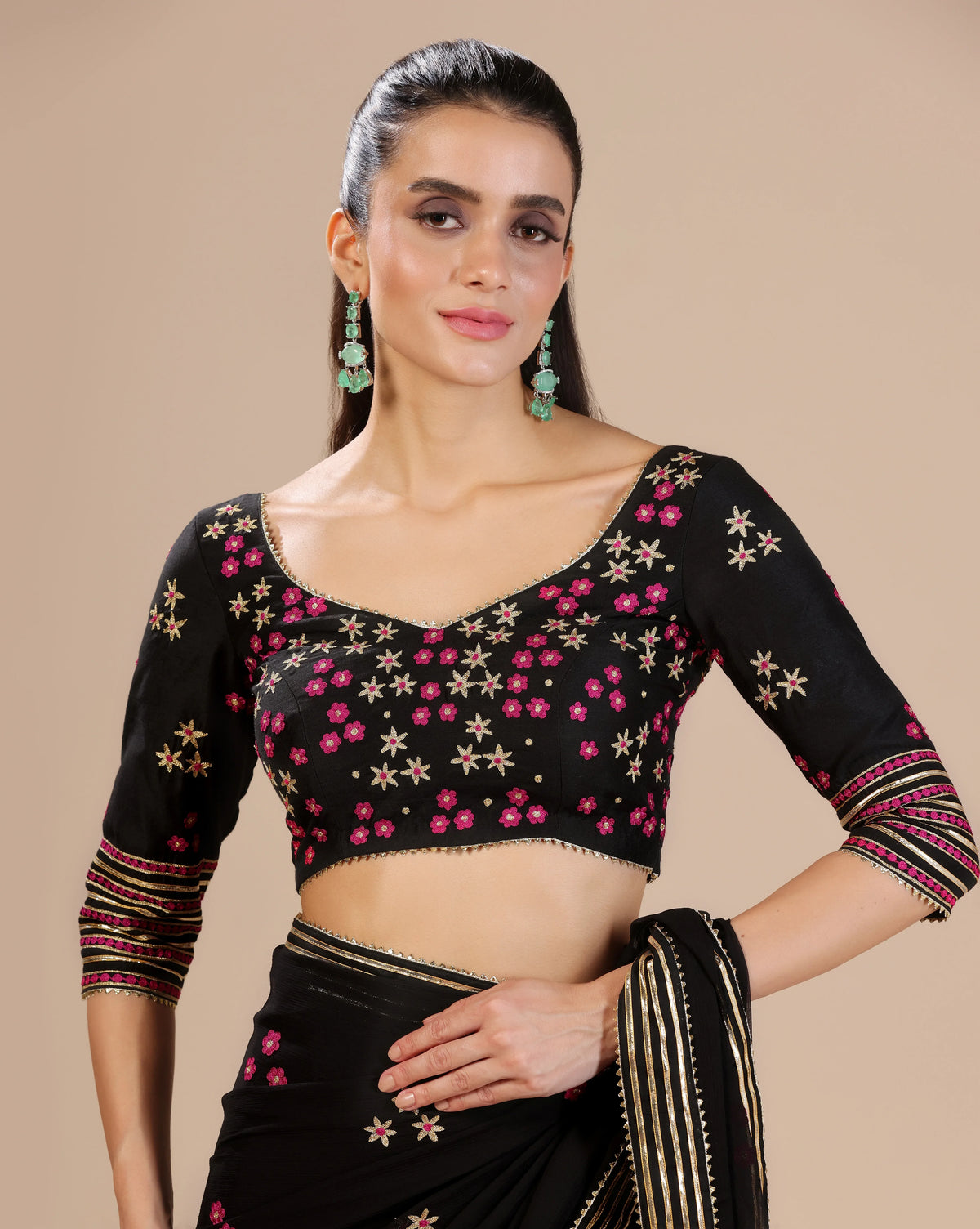 Black Gotta Chiffon Saree With Unstitched Blouse