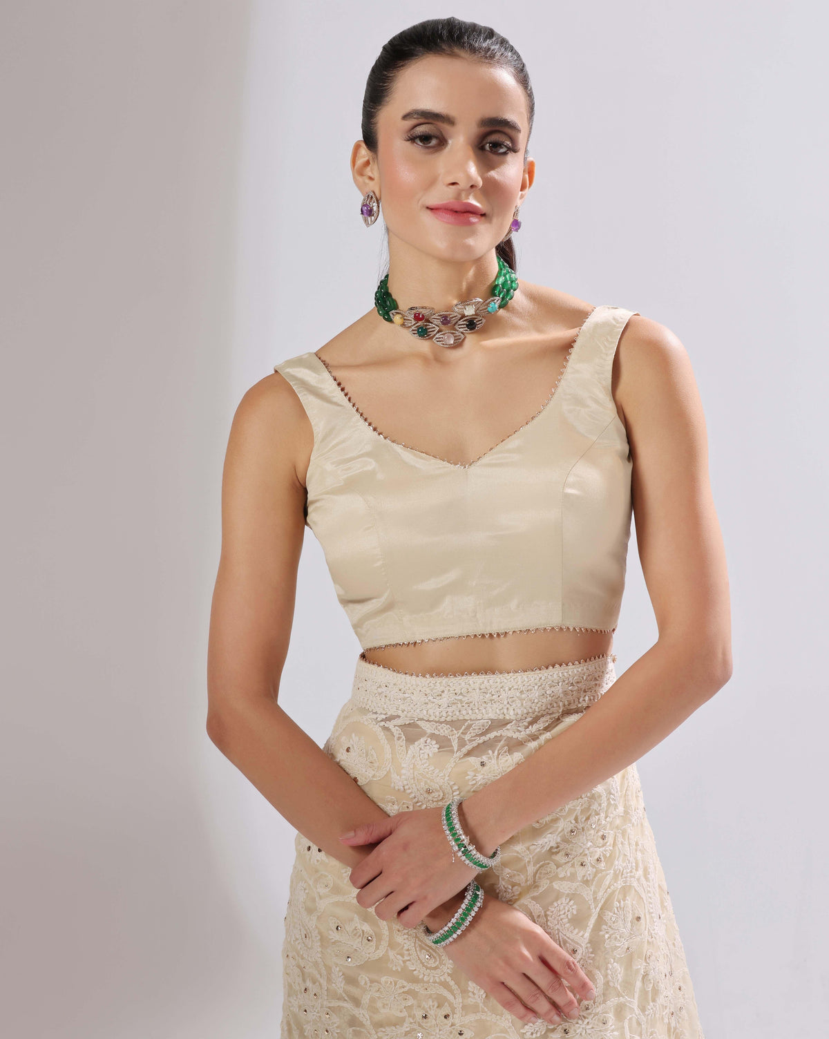 Beige Chikankari Saree With Unstitched Blouse