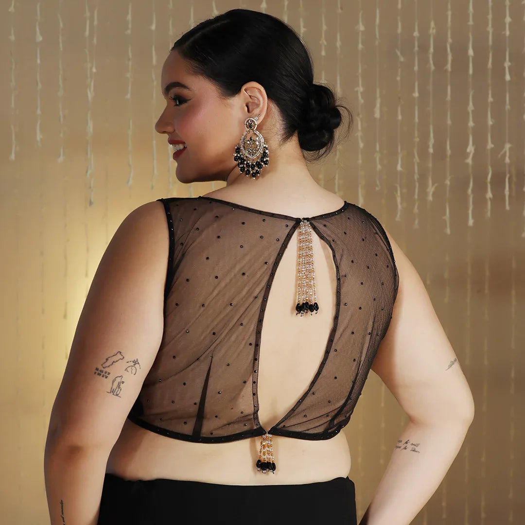 Black Cut Dana Chiffon Saree With Stitched Blouse
