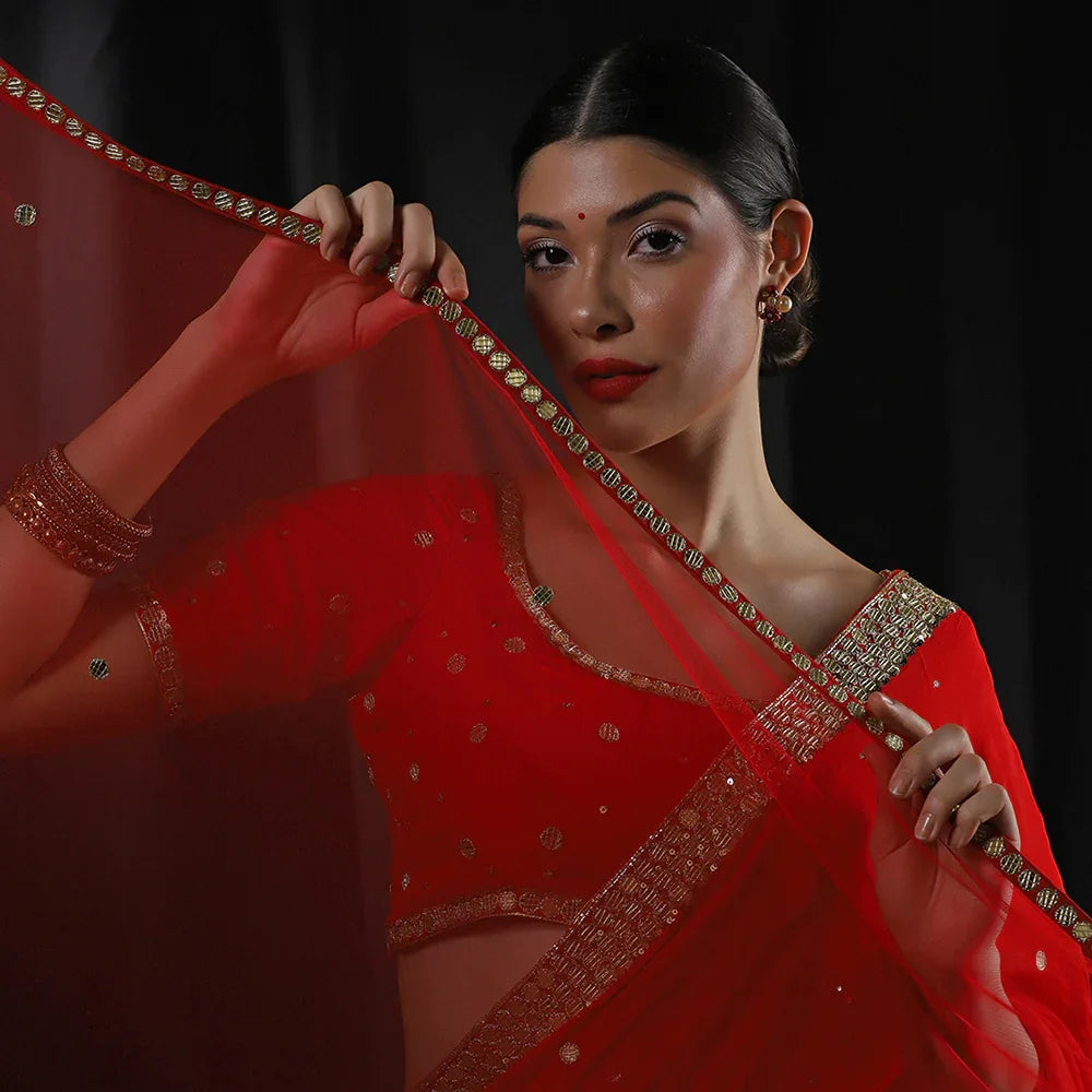 Red Gold Mirror Saree With Unstitched Blouse