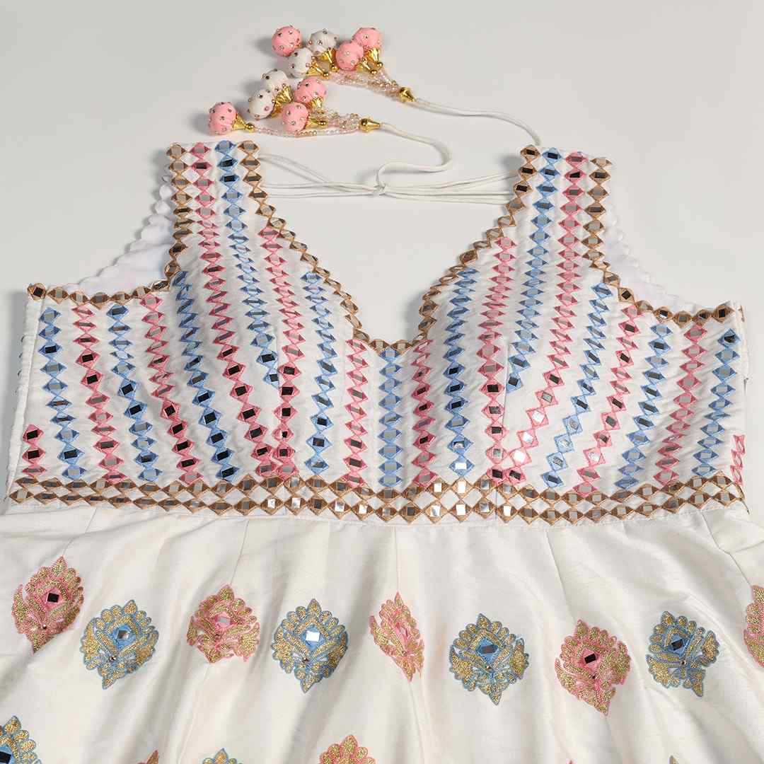 Classic Off White Anarkali with Hand Crafted Resham Aari & Mirror Work