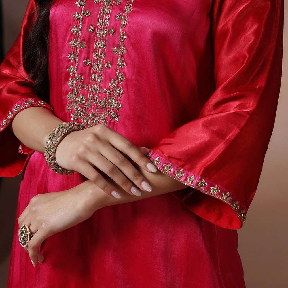 Rani Pink Embroidered Kurta & Drape Skirt Set