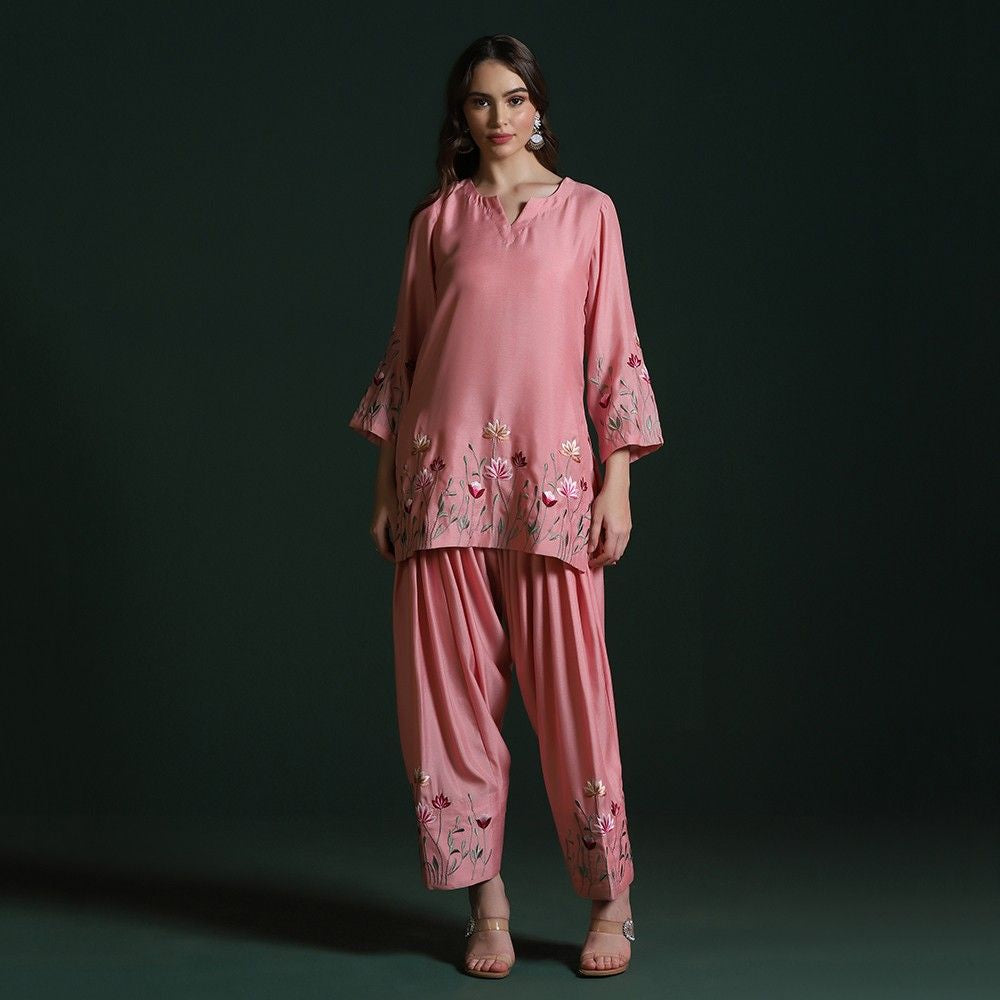 Peach Pink Crepe Embroidered Kurta Set