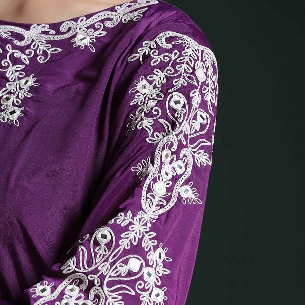 Purple Crepe Slit Kurta with Dori Work