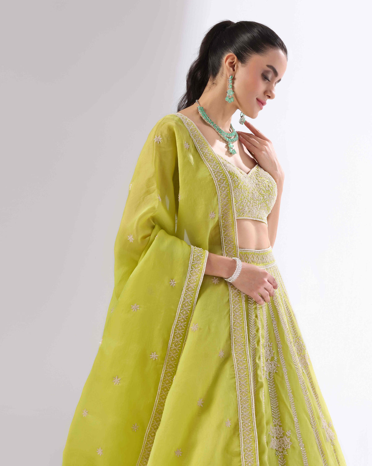 Green Lehenga With Pearl Detailing