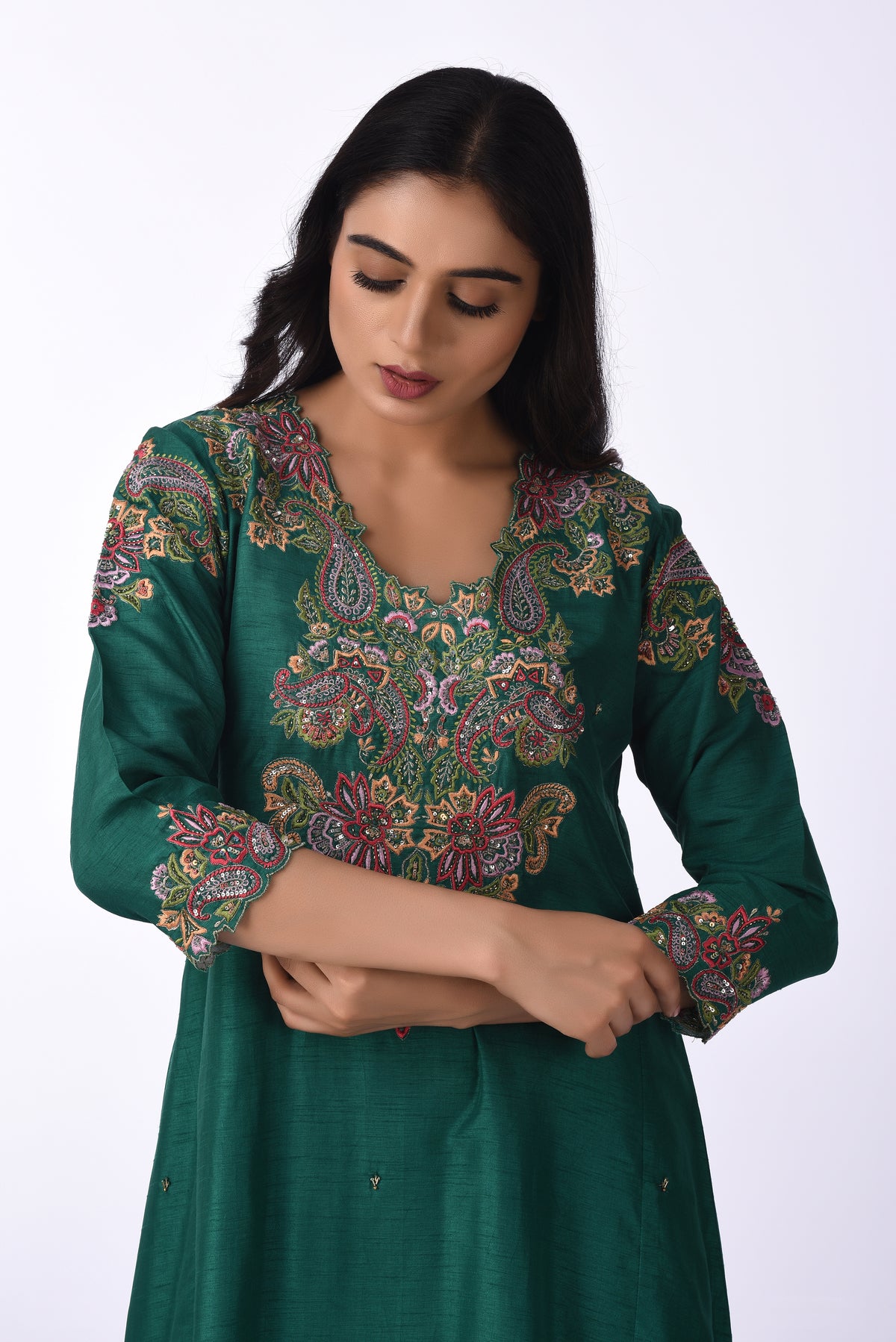Kurti With Pants Set And Dupatta Emerald Green Silk Embroidered Kurta Set