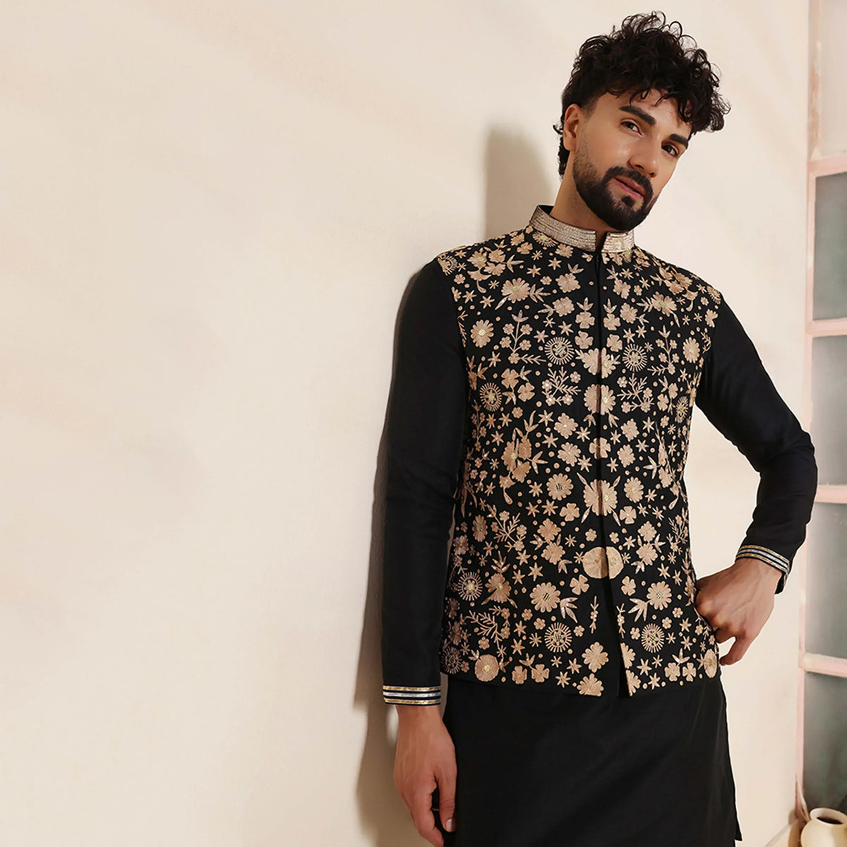 Classic Men's Bundi Jacket With Aari Work & Kurta Pants Set
