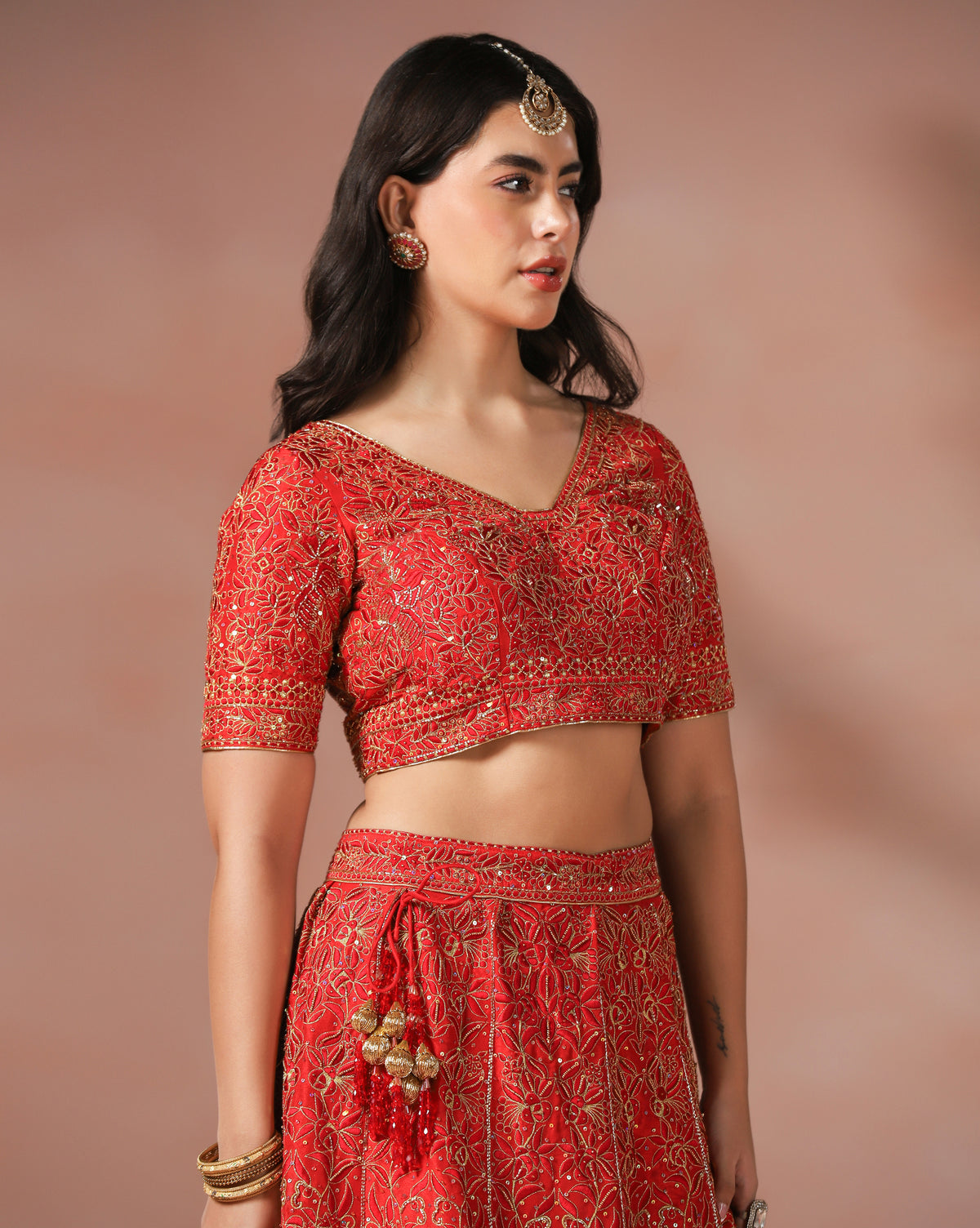 Classic Dupion Silk Red Lehenga With Thread Embroidery, Sequins & Cutdana Accents