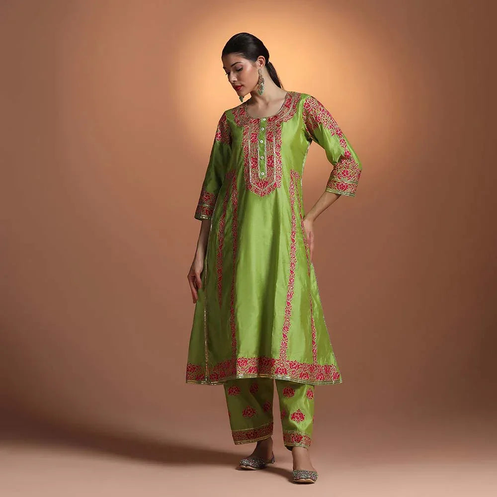 Women's green chanderi embroidered kurti — RNG REZA