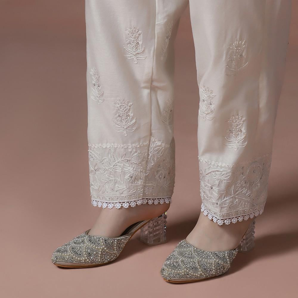 Classic Ivory Chanderi Kurta Set With Fine Thread & Pearl Work