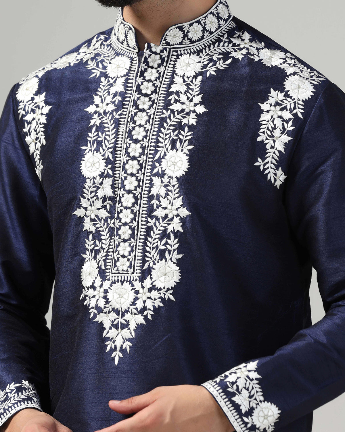 Elegant Deep Blue Men's Kurta Set With Intricate White Resham Work