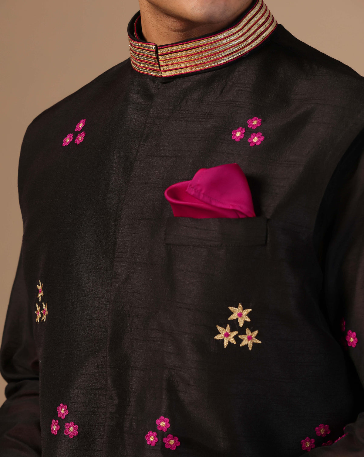 Traditional Black Chanderi Nehru Jacket With Short Kurta & Pants
