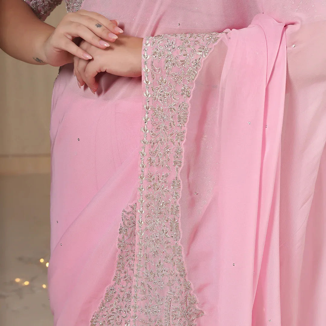 Pink Zari Embroidered Georgette Saree With Blouse