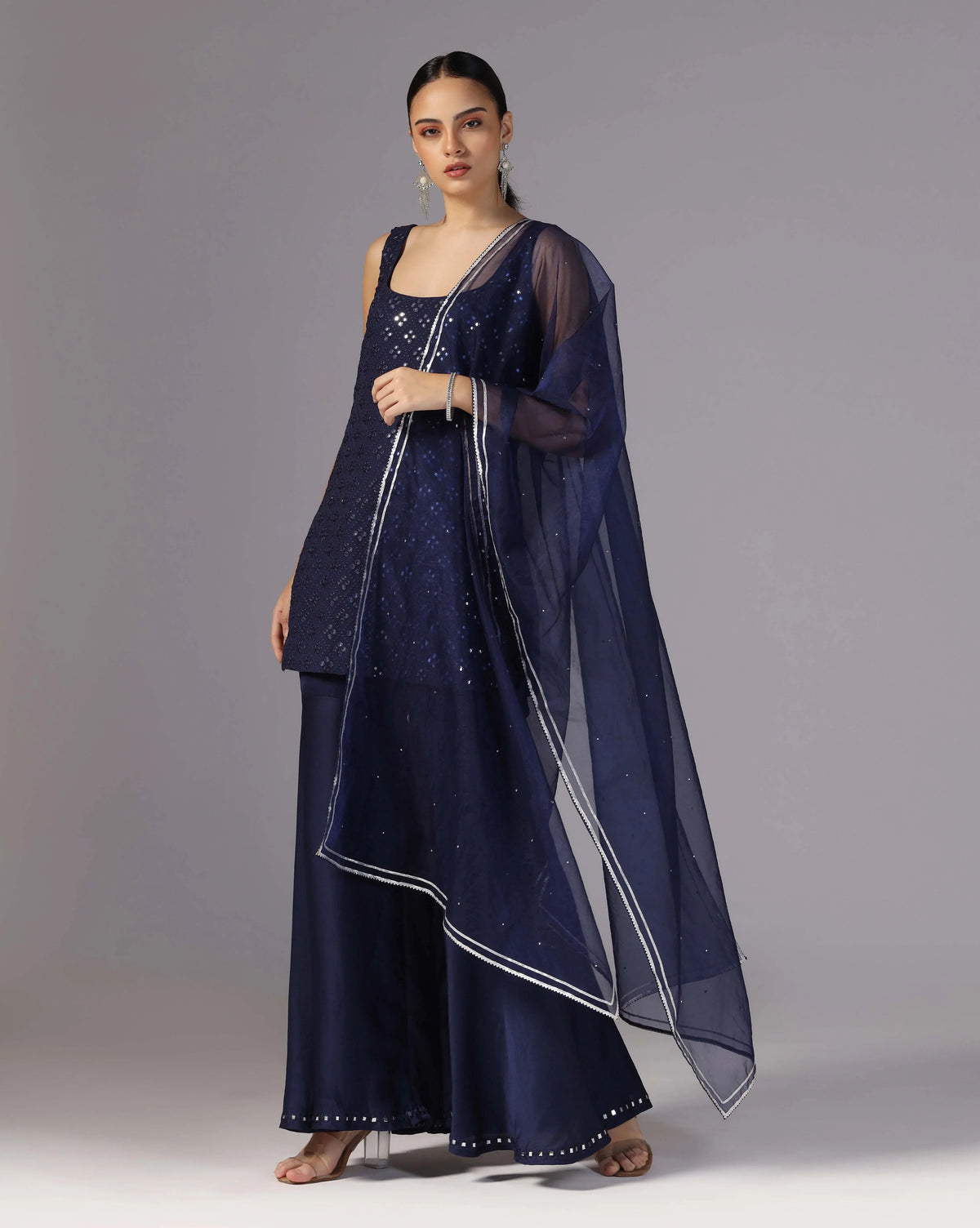 Cosmic Blue Mirror Kurti With Chiffon Sharara