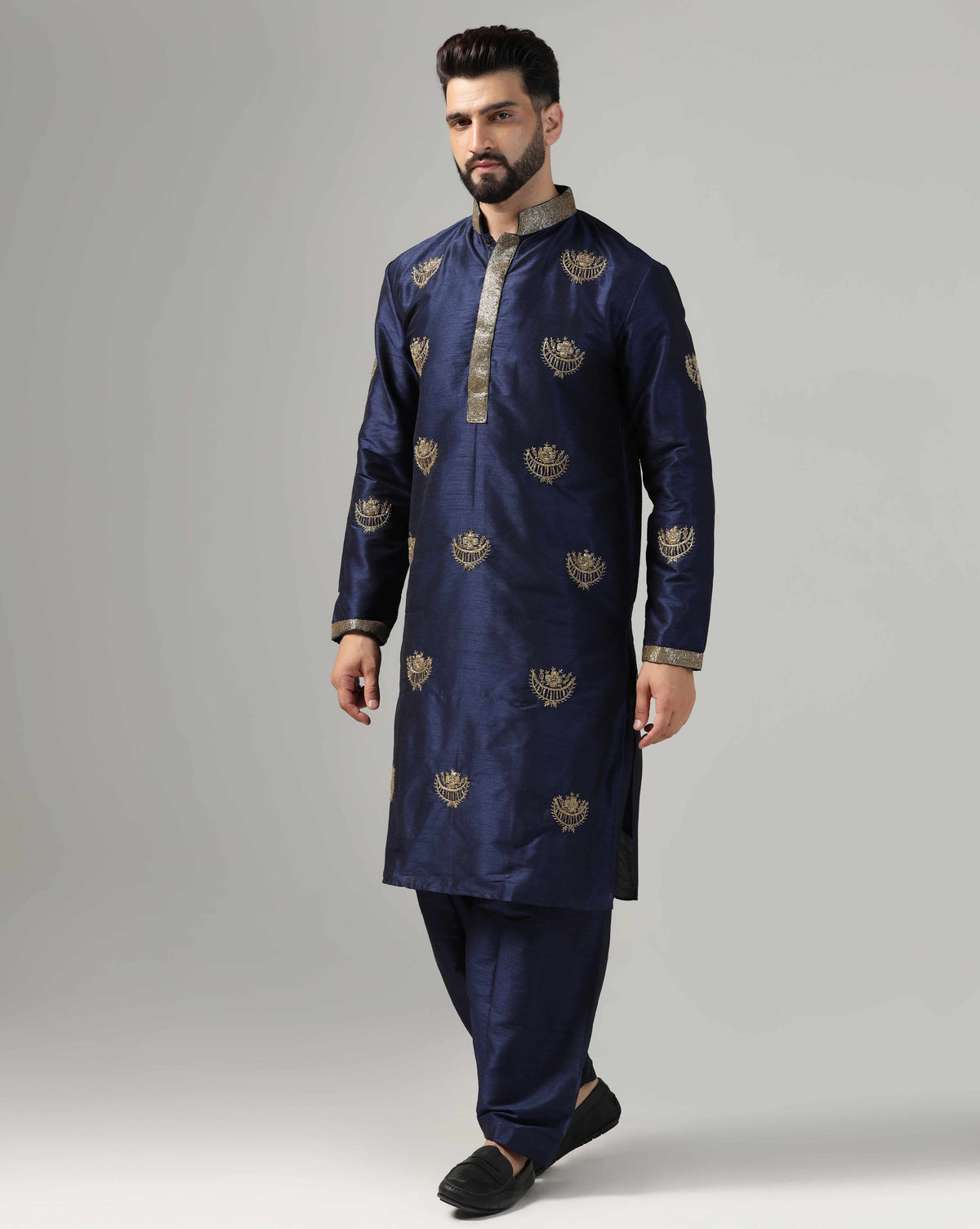 Men's Blue Kurta Set With Intricate Gold Hand Embroidery