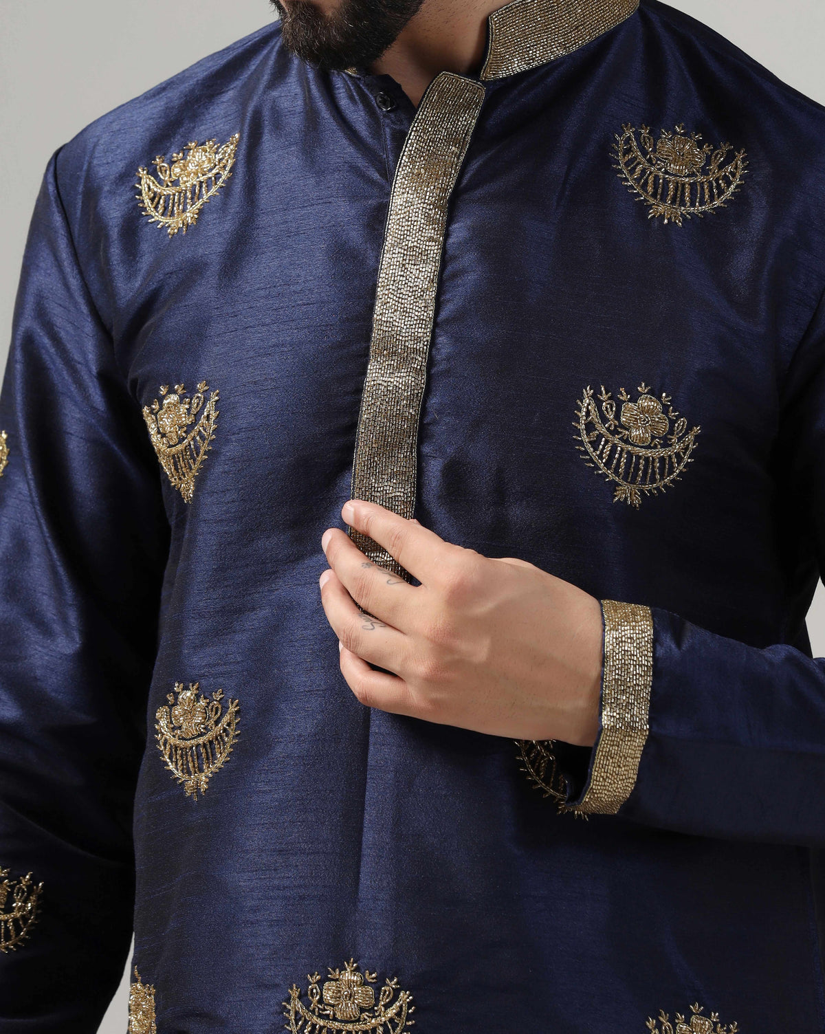 Men's Blue Kurta Set With Intricate Gold Hand Embroidery