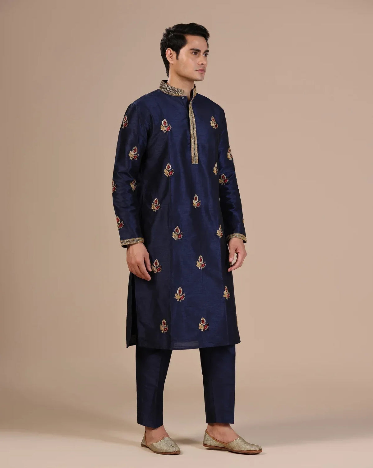 Men's Blue Kurta Set With Intricate Gold Hand Embroidery