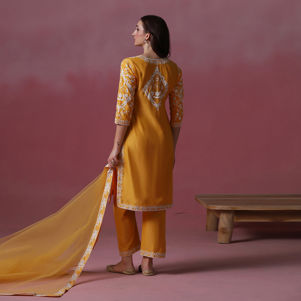 Bright Orange Thread Embroidered Kurta Set
