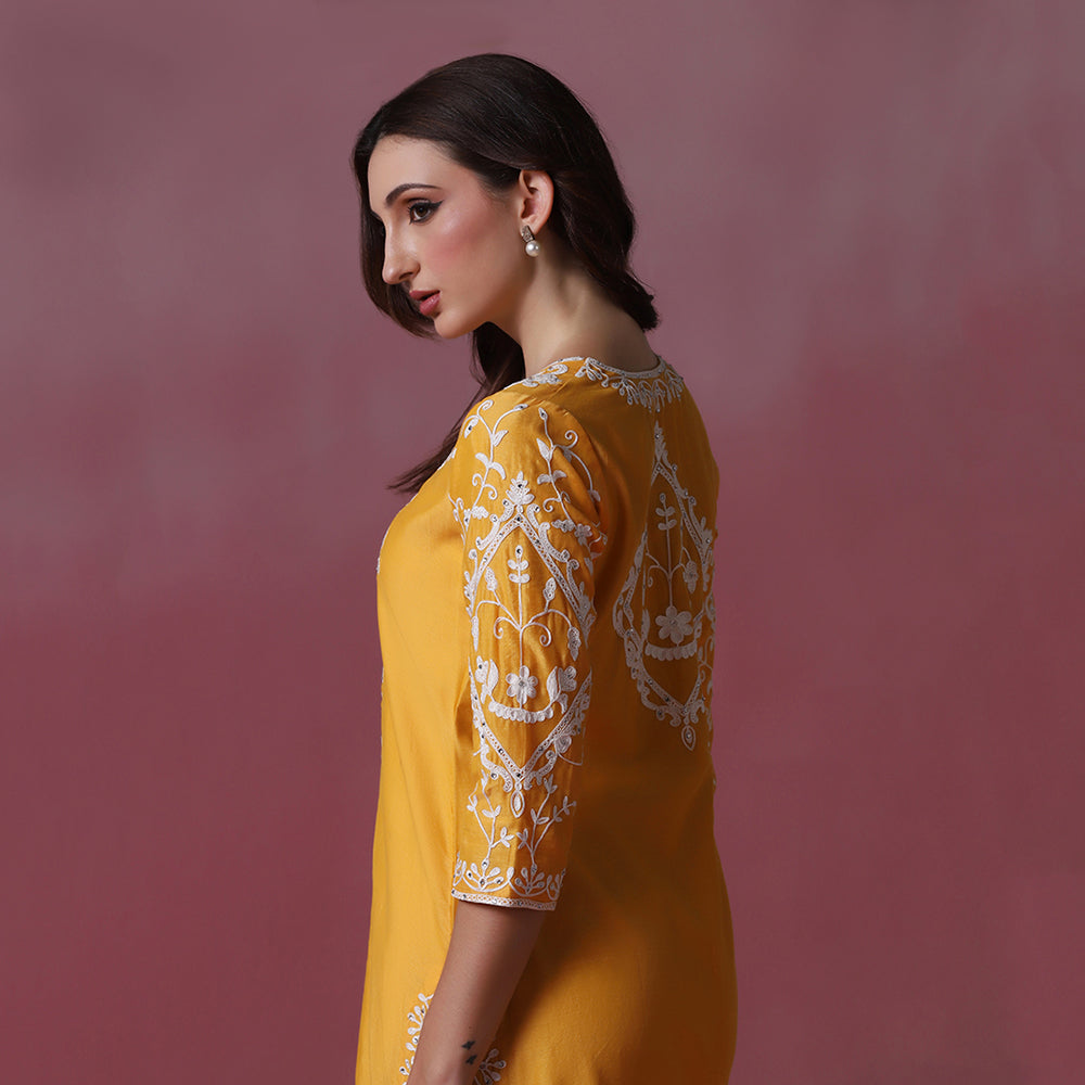 Bright Orange Thread Embroidered Kurta Set