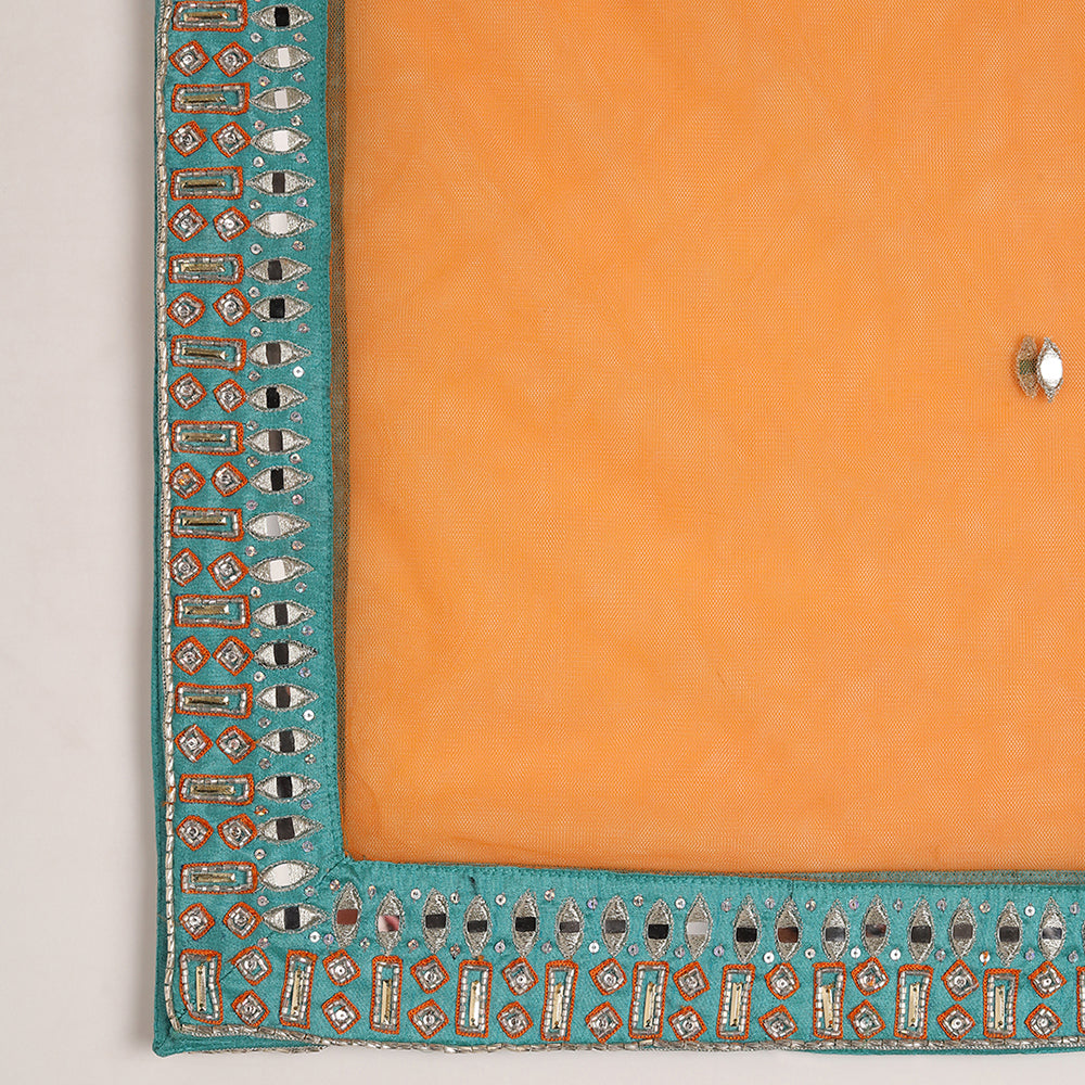 Turquoise Mirror-Work Sharara Set Featuring Contrasting Elements Like A Tangerine Flared Bottom And A Net Dupatta - image 7
