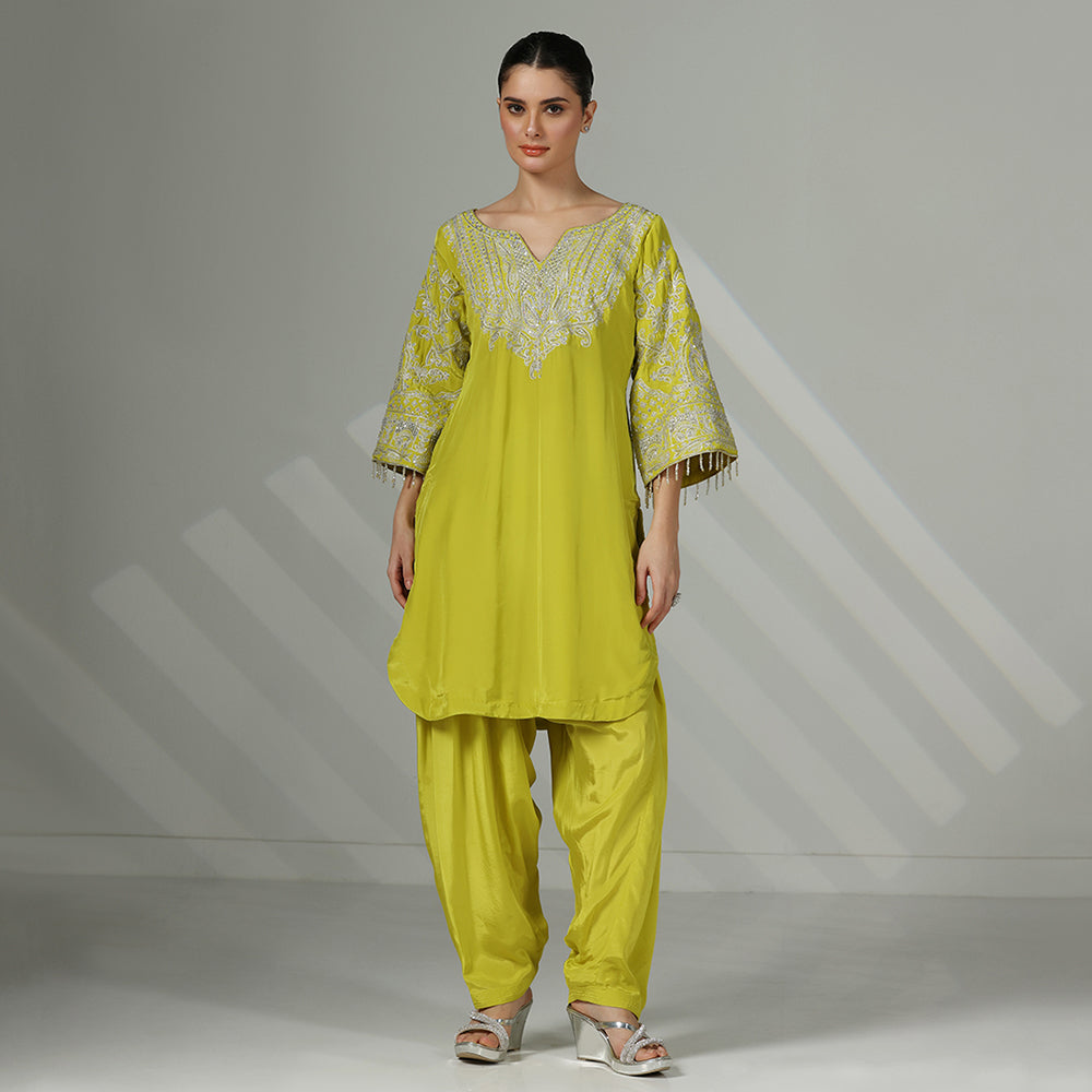 Lime Green Silk Kurta Set With An Embroidered Neckline, Flared Sleeves, & Scalloped Salwar Dupatta - image 4
