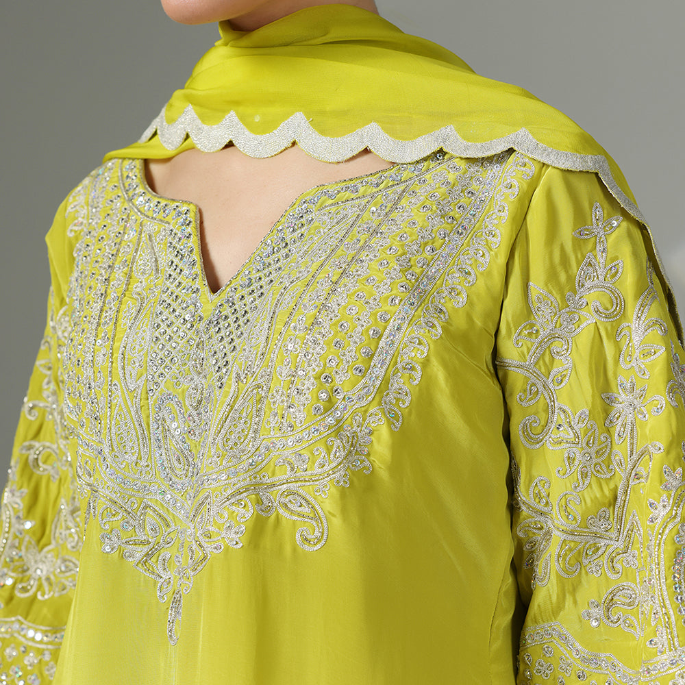 Lime Green Silk Kurta Set With An Embroidered Neckline, Flared Sleeves, & Scalloped Salwar Dupatta - image 6