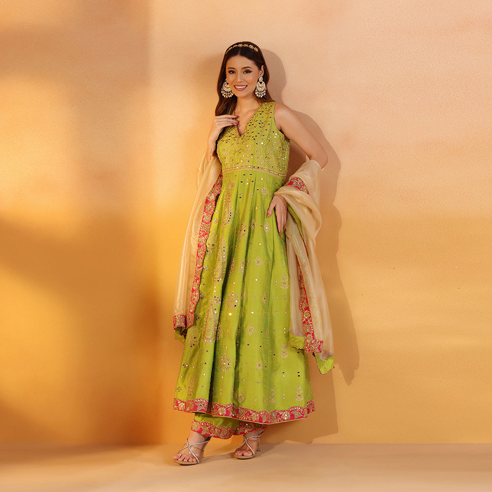 Mehendi Green Dupion Silk Anarkali With Mirror Work Paired With Champagne Gold Silk Dupatta - image 1