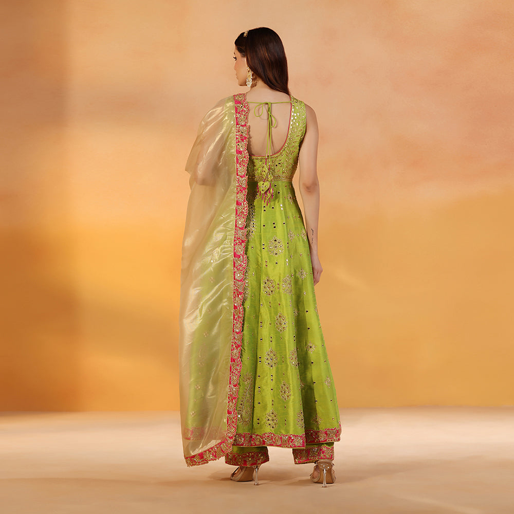 Mehendi Green Dupion Silk Anarkali With Mirror Work Paired With Champagne Gold Silk Dupatta - image 3