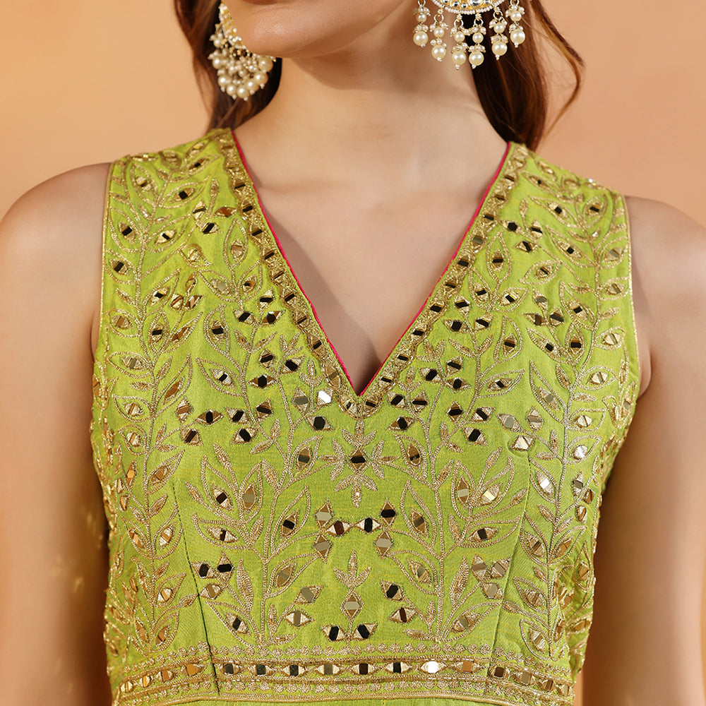Mehendi Green Dupion Silk Anarkali With Mirror Work Paired With Champagne Gold Silk Dupatta - image 6